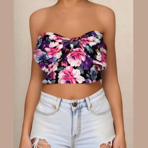 Charlotte Russe Pink Purple Floral Straples Bow Mini Crop Top Bralette Medium